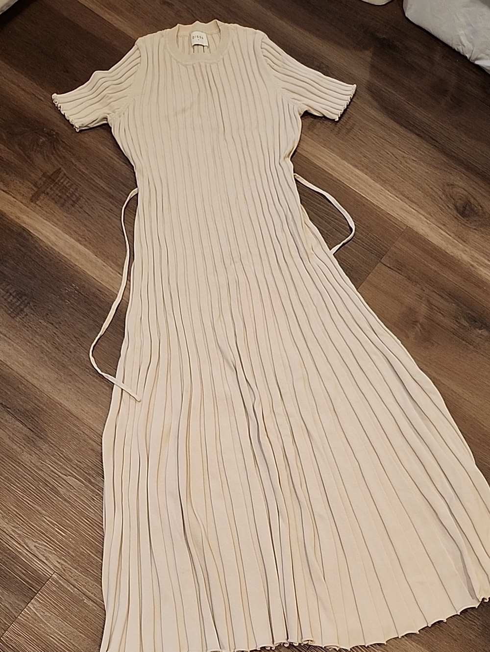 DISSH Cream Pleated Short-Sleeve Maxi Dress with Waist Ties